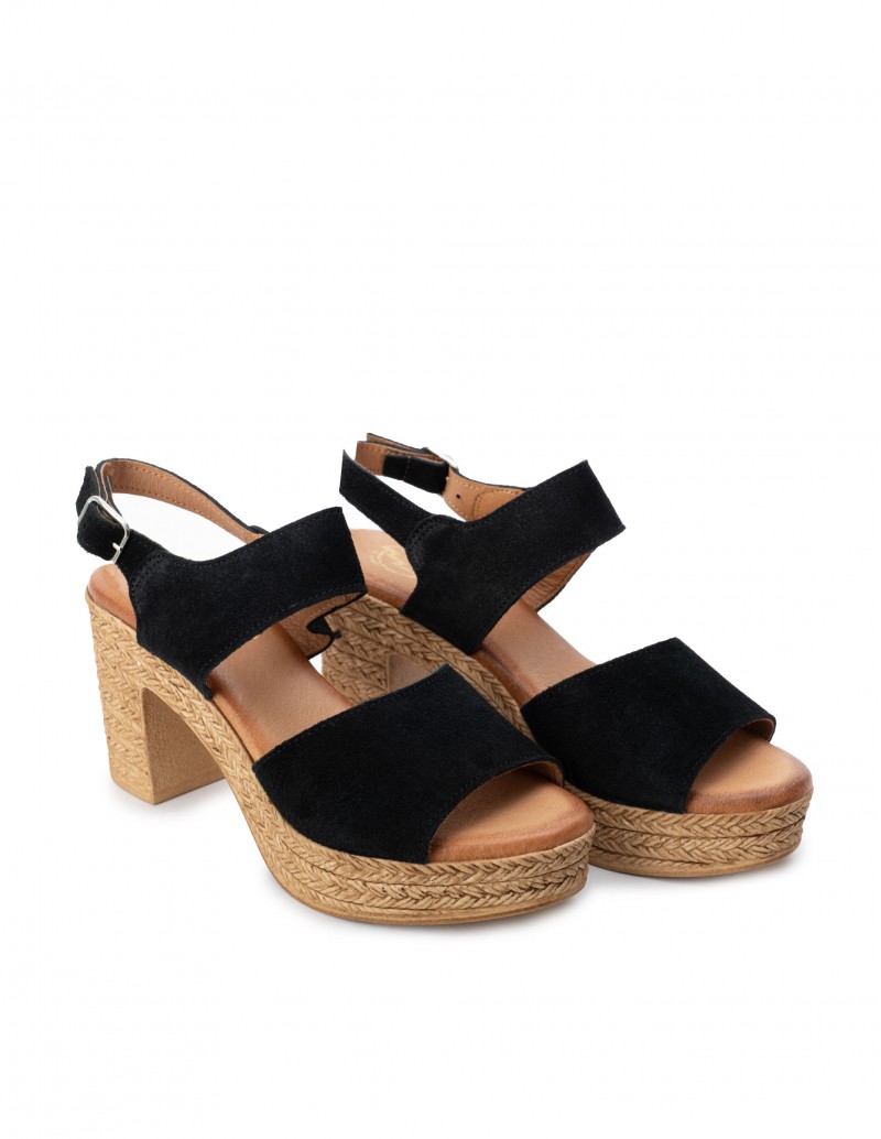 Sandalias Negras Tacón Esparto