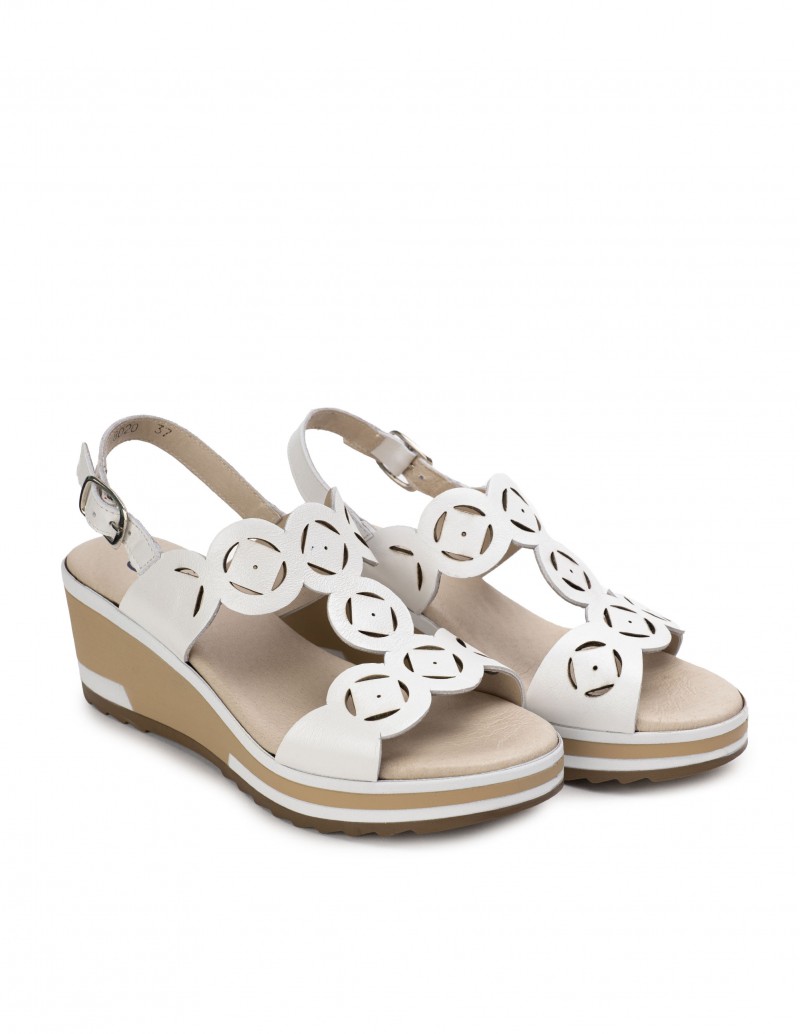 Sandalias Cuña Blancas Piel Troquelada - PERA LIMONERA
