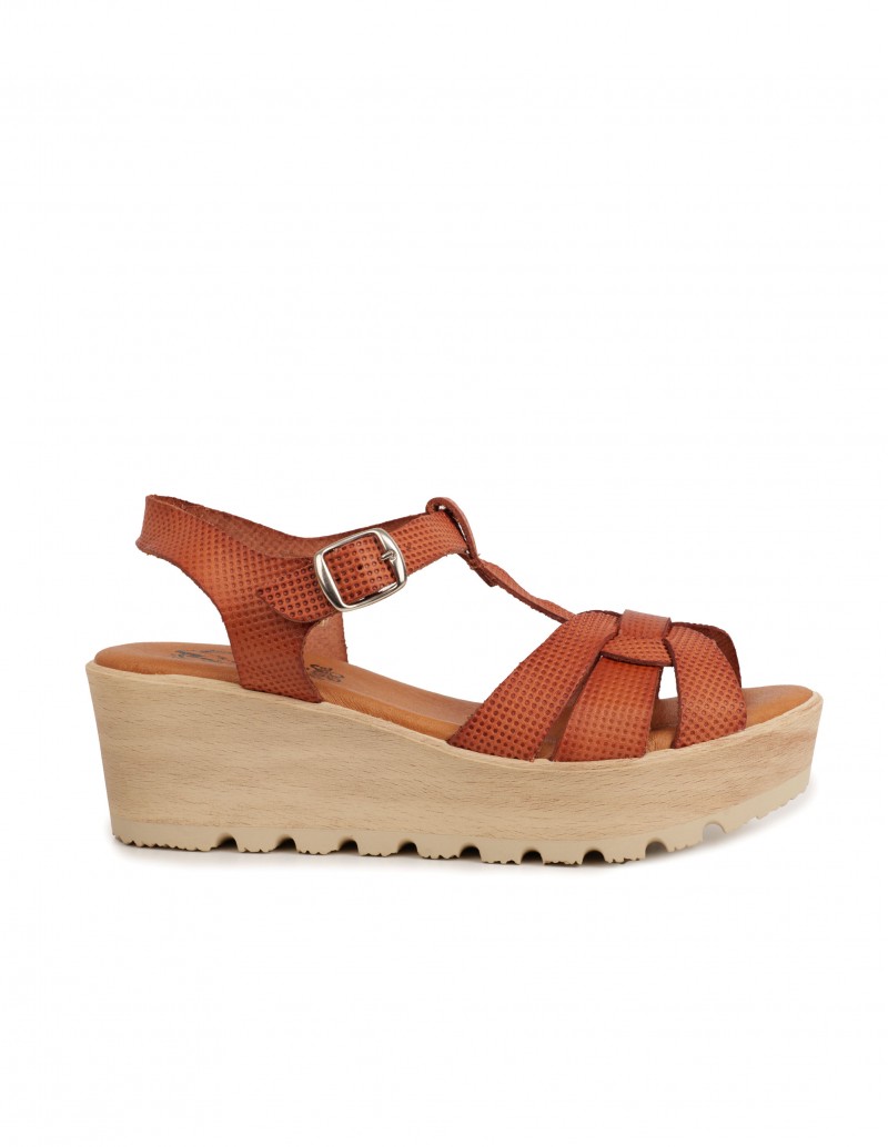 Sandalias Cuña Madera Piel Cuero