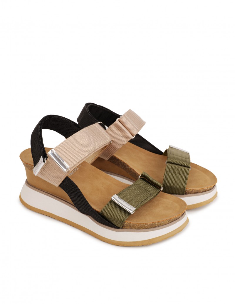 Sandalias Cuña Tiras Velcro Combinadas