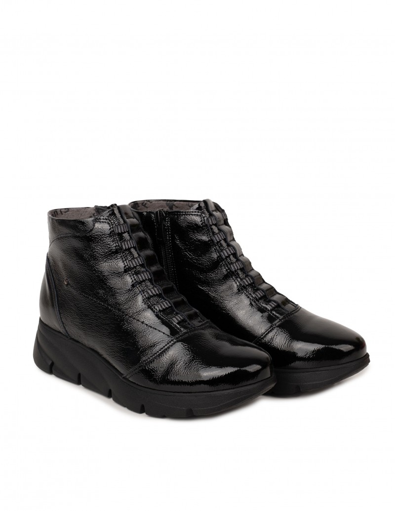 FLUCHOS Botines Cordones Elásticos Charol Negro 2