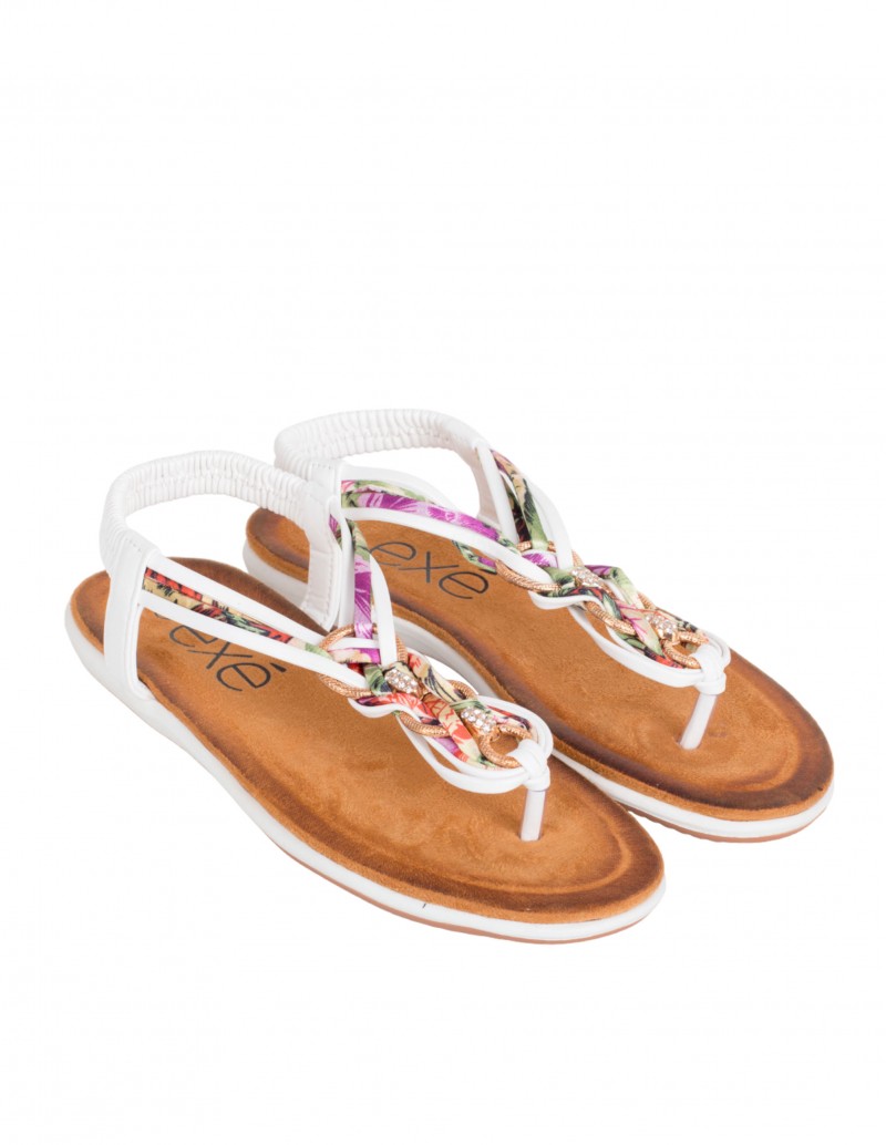 EXÉ Sandalias Planas Blancas Tira Floral 2