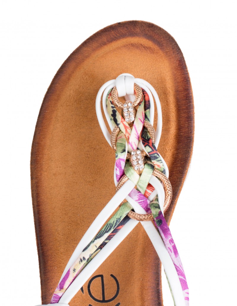 Sandalias Planas Blancas Tira Floral detalle