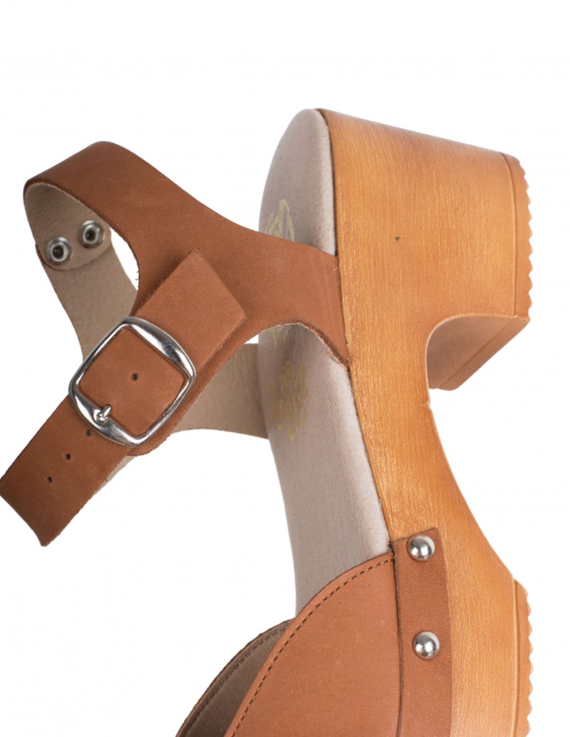 Sandalias Zueco Madera Cuero Mujer