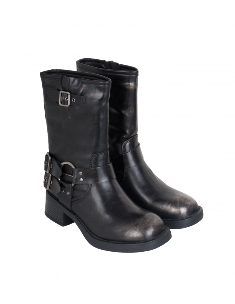 Botas Moteras Con Hebillas Efecto Desgastado Negras 2