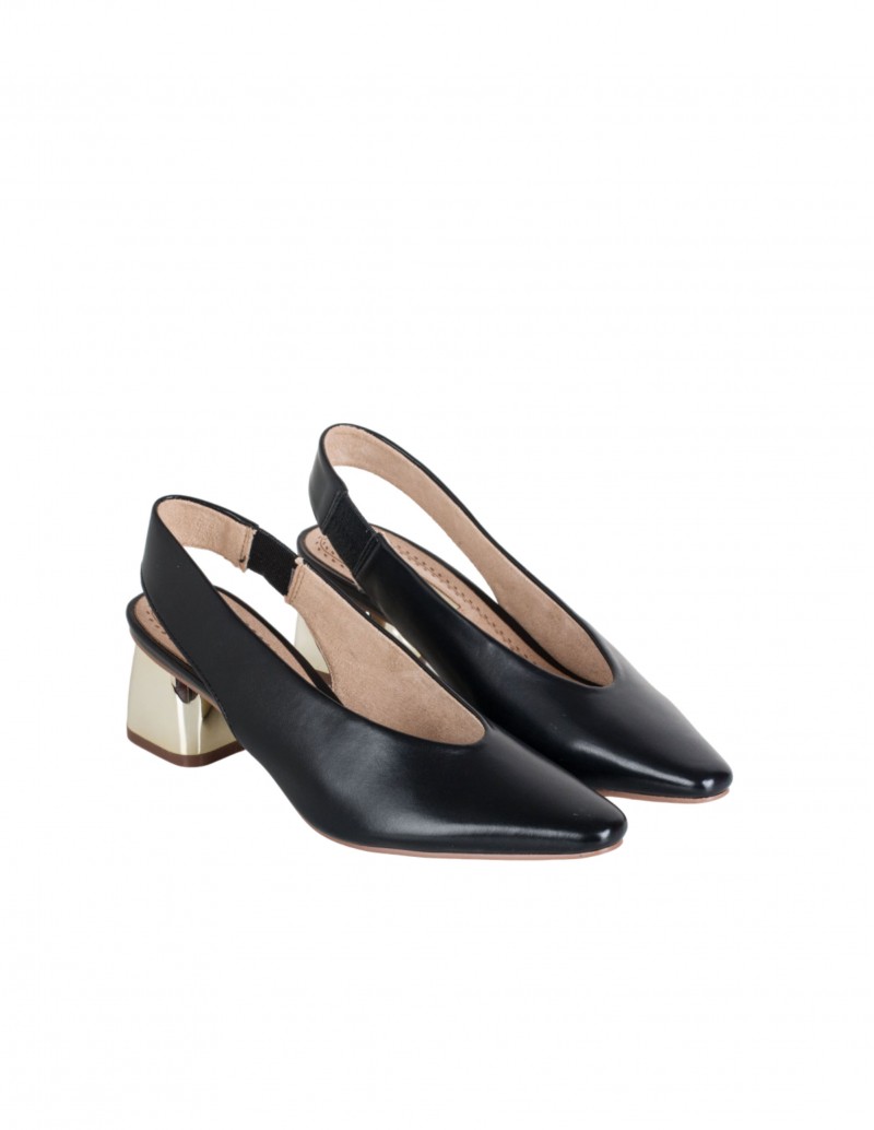 Zapatos Destalonados Tacón Cuadrado Dorado Negro 2