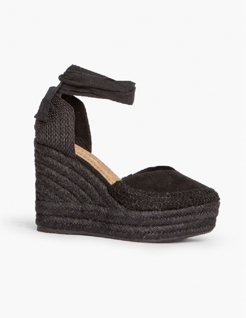 Alpargatas de cuña alta negras con cierre de cinta 2