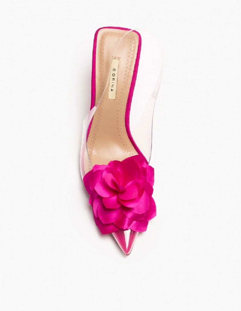 Zapato de tacon fucsia de fiesta con flor