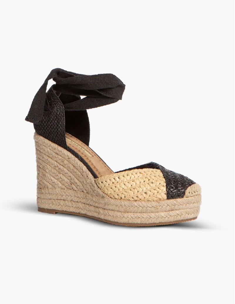 Alpargata cuña bicolor de rafia con lazo negro 2
