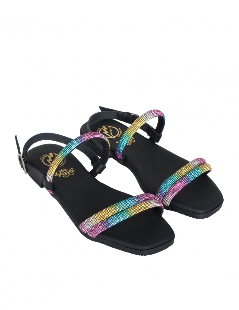 Sandalias planas brillos multicolor suela negra marca Pera Limonera 2