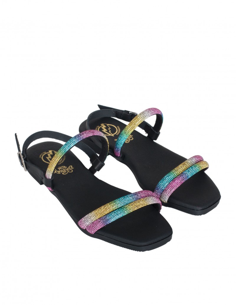 Sandalias multicolor con brillos planas suela negra