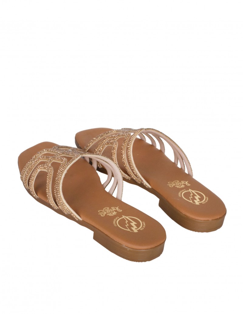Sandalias color bronce mujer planas con brillos 2