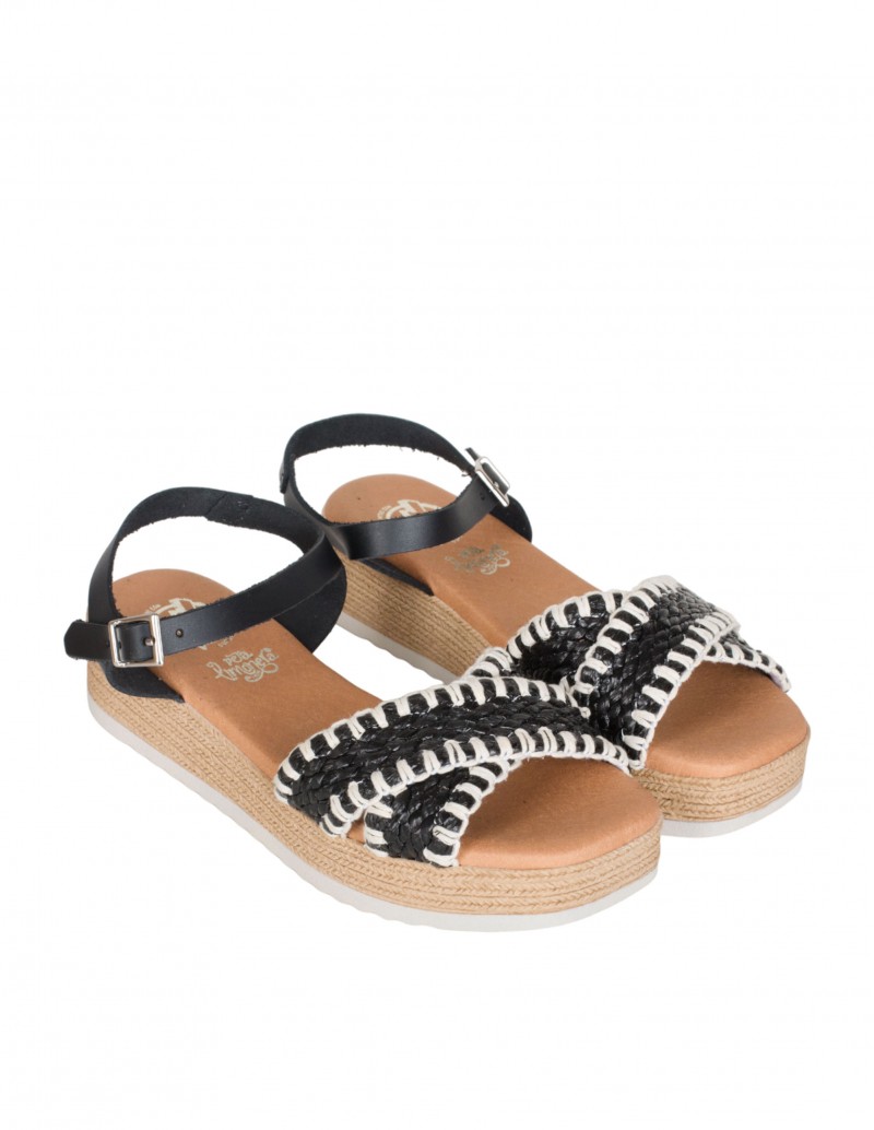Sandalias esparto cuña baja mujer tiras entrelazadas negro y blanco