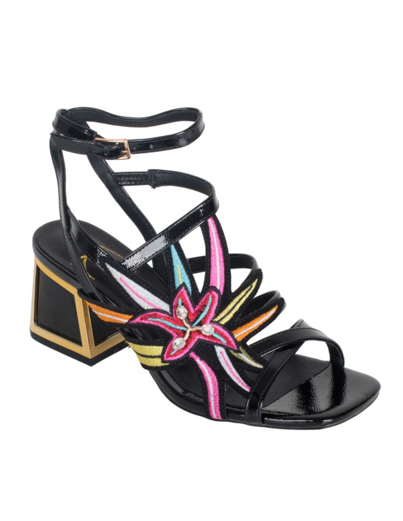 Sandalias de fiesta negras con bordados flor multicolor para mujer