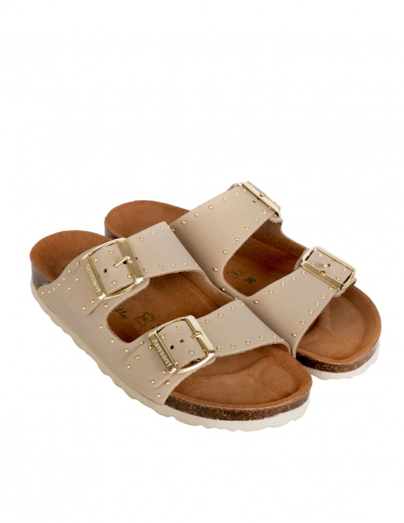 Comprar sandalias con hebillas para mujer color beige detalle tachas doradas 2