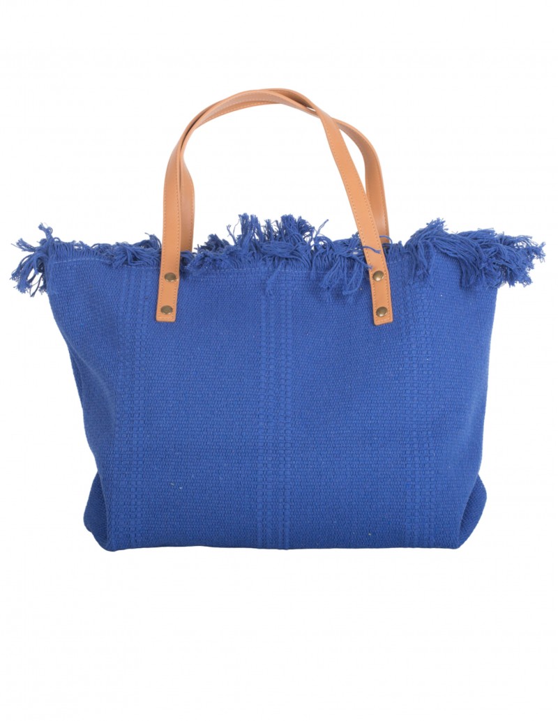 Maxi bolsa de playa azul de tela con tiras marrones cremallera