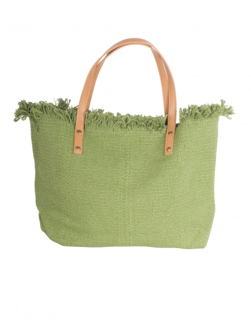 Maxi bolsa de playa color verde pistacho con asa marrón
