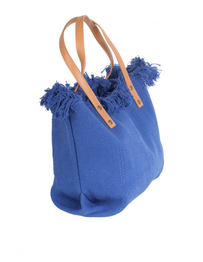 Maxi bolsa de playa azul de tela con tiras marrones cremallera 2