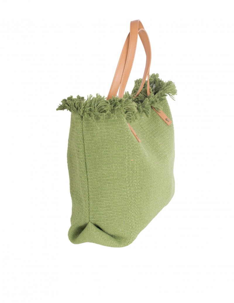 Maxi bolsa de playa color verde pistacho con asa marrón 2