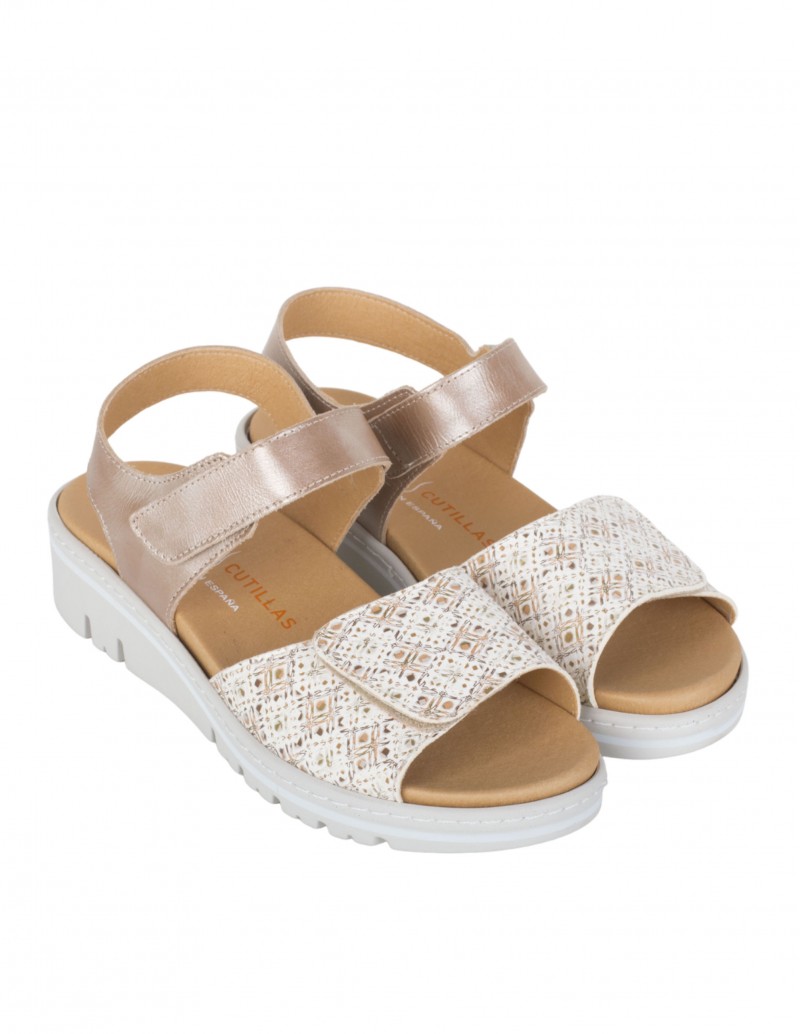 Sandalias Doctor Cutillas estampadas blanco, dorado y beige con cuña 2