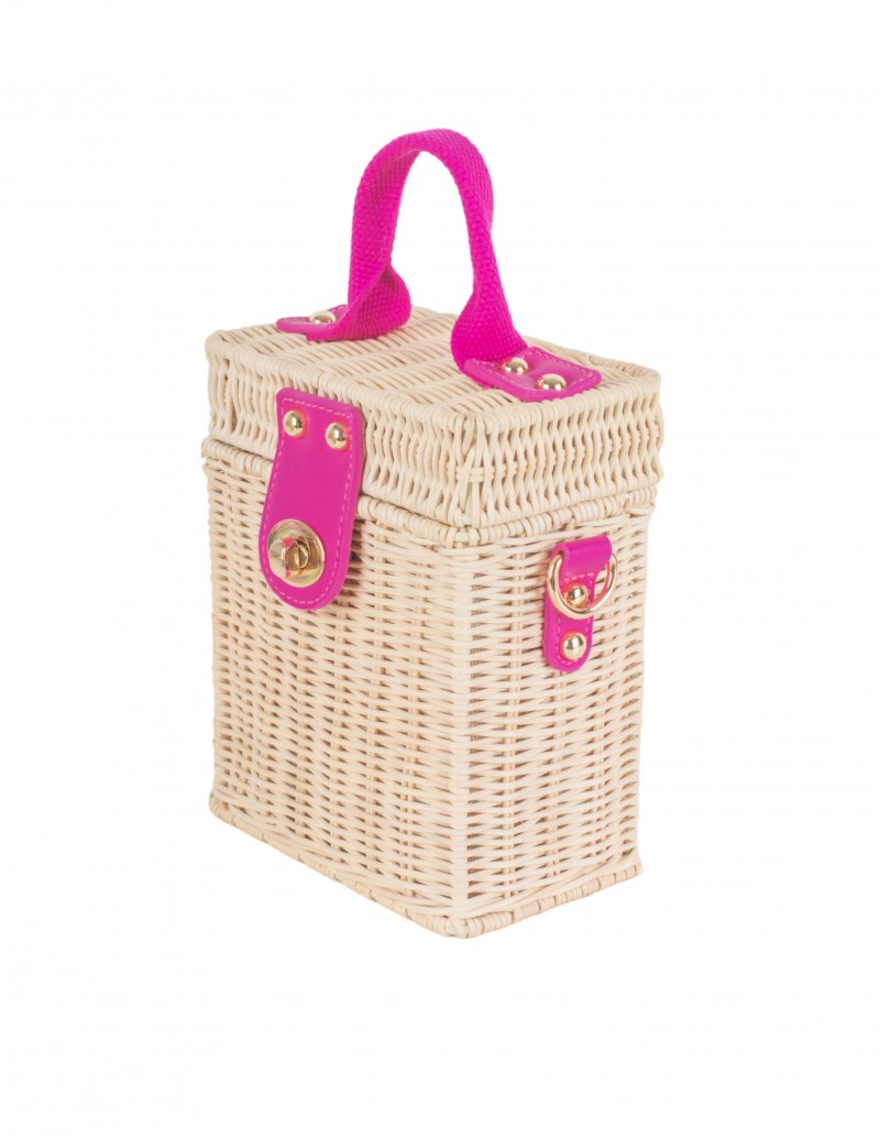 bolso caja rafia detalles fucsia y dorado