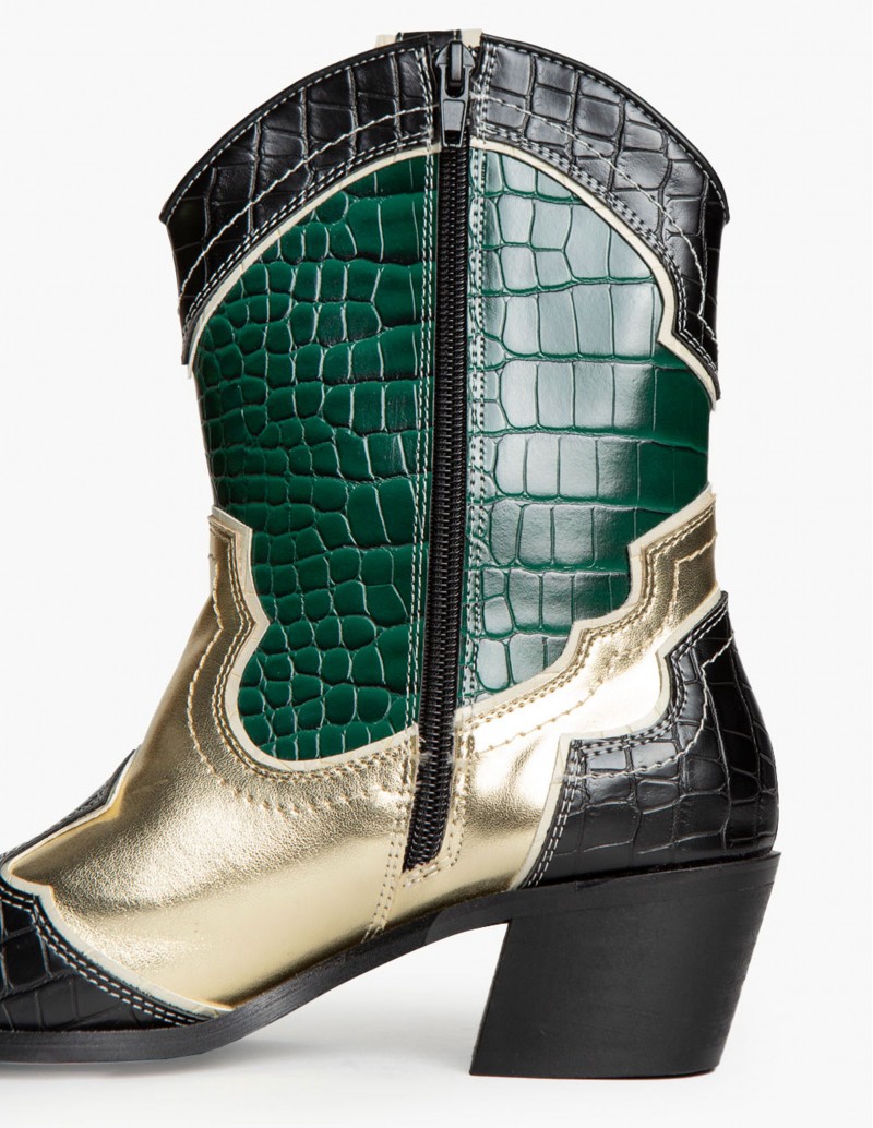 detalle cremallera botines cowboy metalizados verde