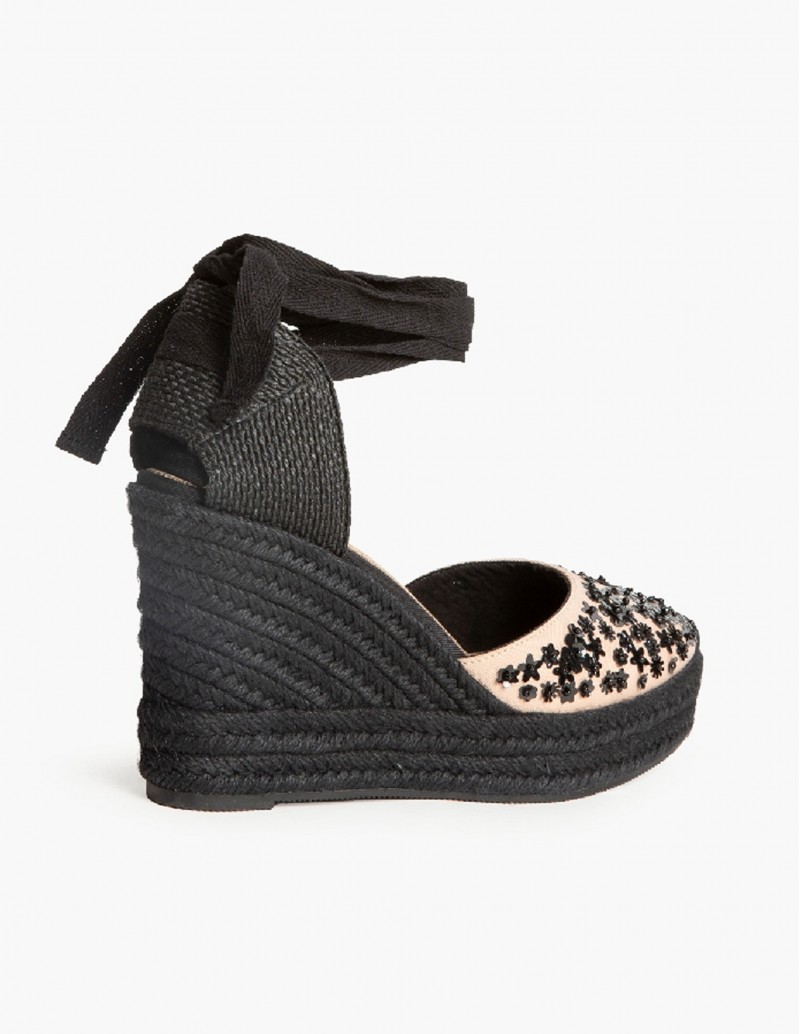 Corina Zapatillas Negras Esparto CORINA Alpargatas Cuña Alta Abalorios