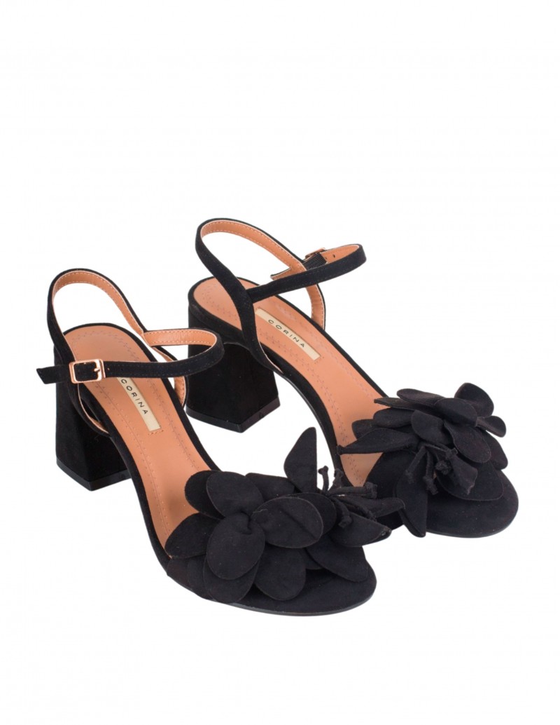 CORINA Sandalia Negra Tacón Flor 2