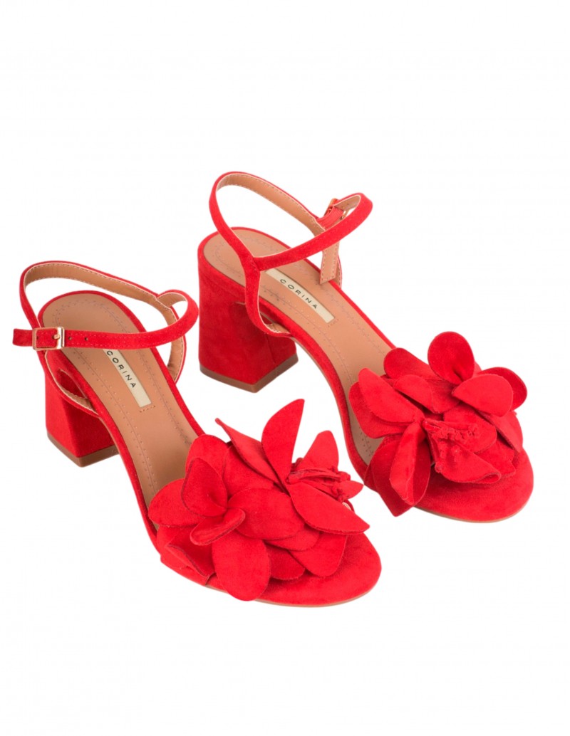CORINA Sandalia Roja Tacón Flor 2