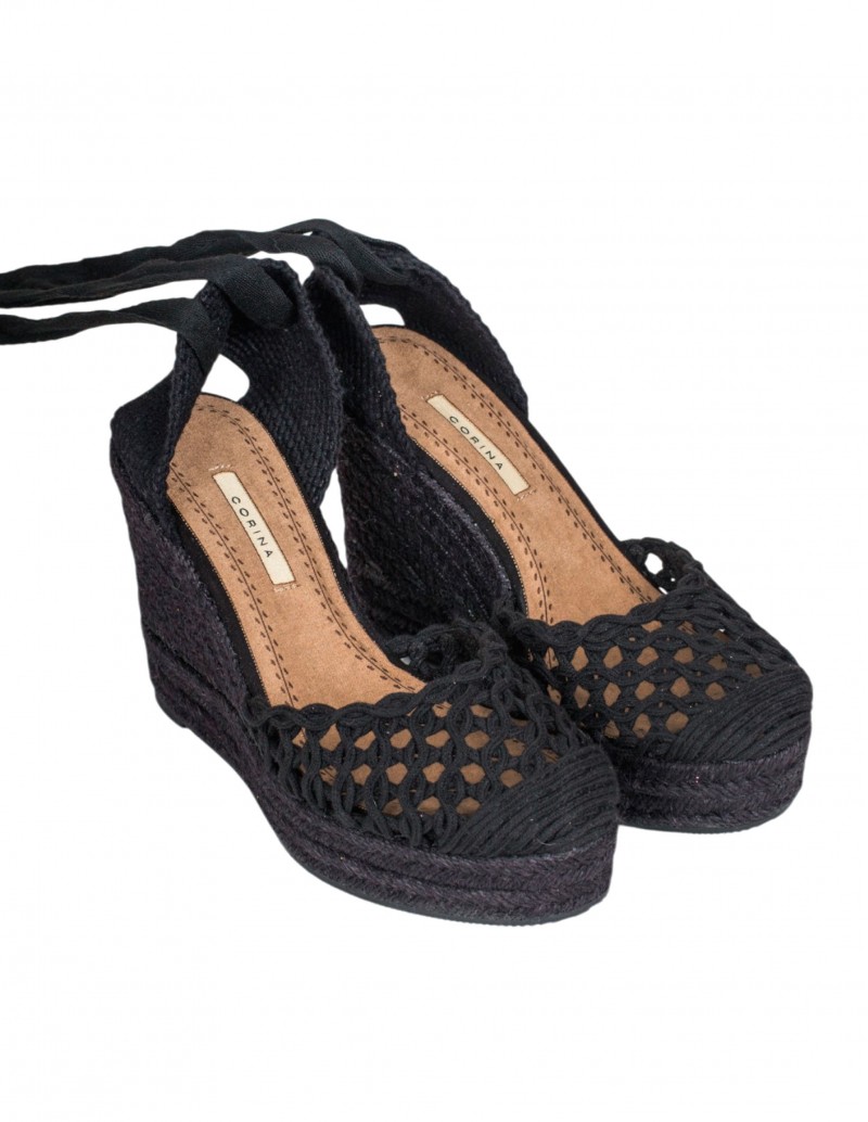 CORINA Alpargatas Cuña Alta Crochet Negro 2