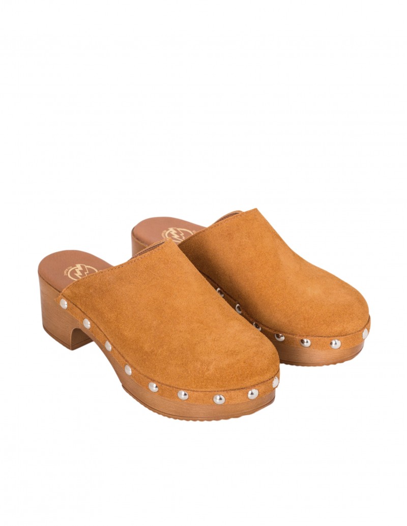 Zuecos Madera Serraje Marrón