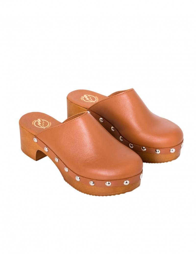 Zuecos Tacón Madera Piel Marrón