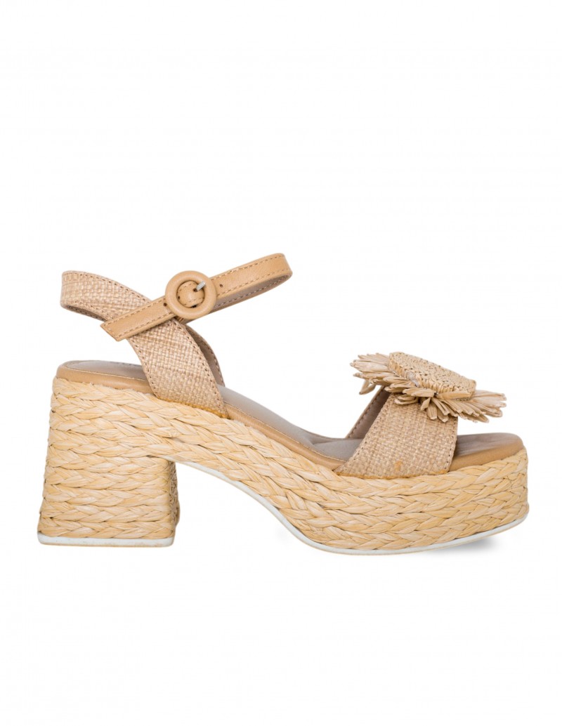 Sandalia Rafia Plataforma Flor Beige