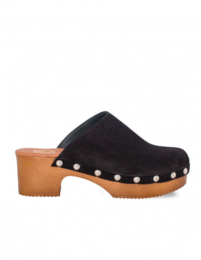 Zueco Madera Tachas Serraje Negro PERA LIMONERA