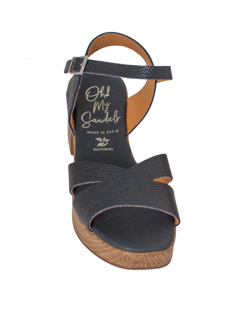 Sandalias negras tacón madera piel hechas en España para mujer