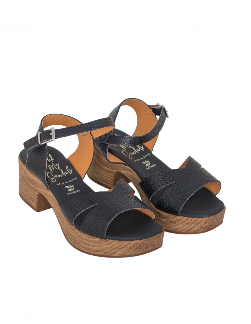 Sandalias de piel tacón madera color negro ajustables hebilla para mujer