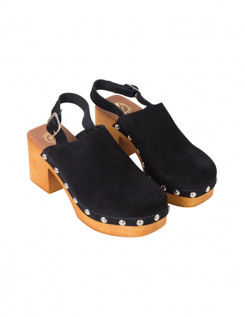 zueco punta cuadrada serraje negro