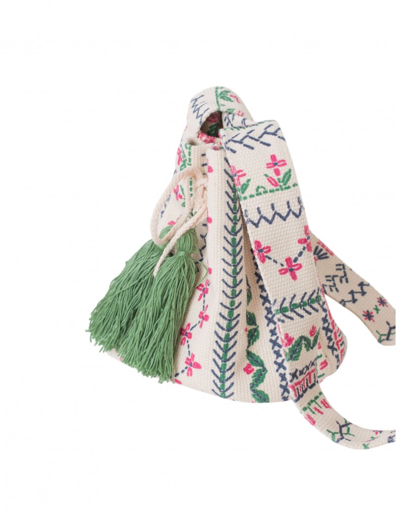 bolso saco beige verde y rosa
