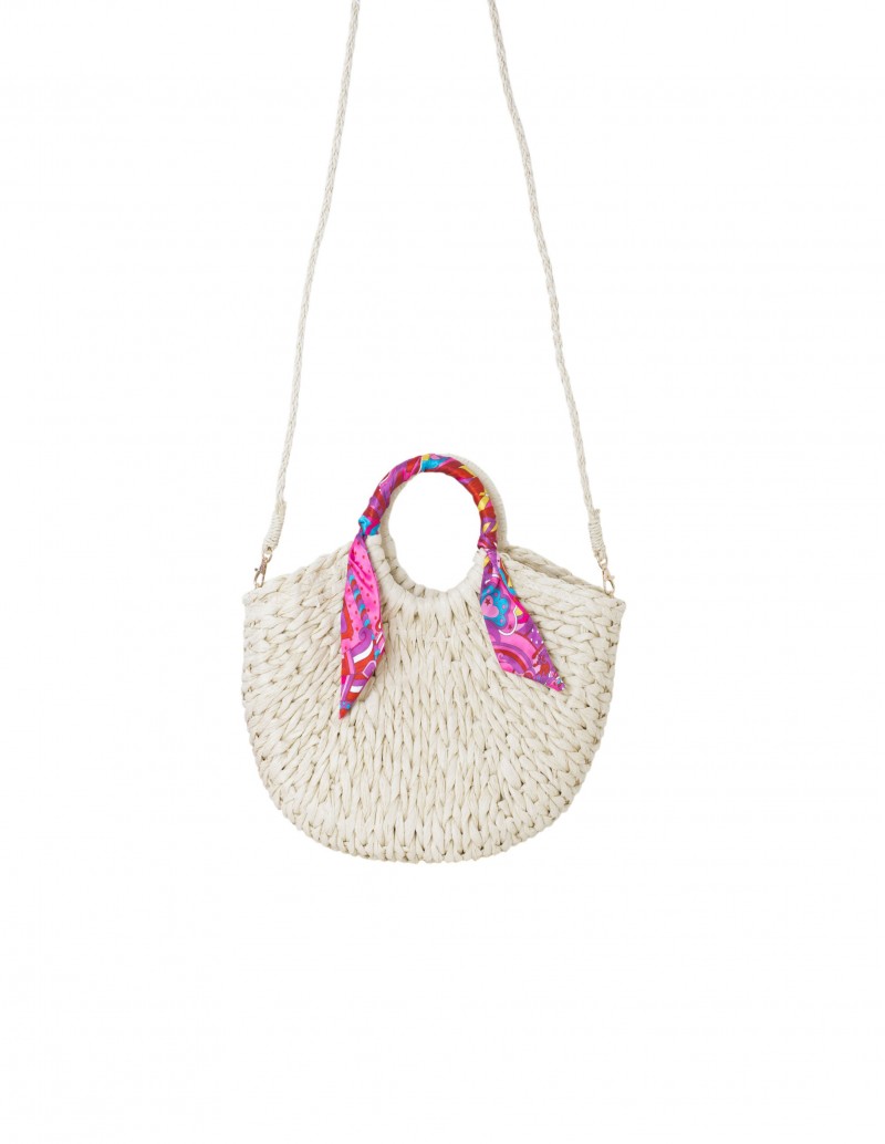 Capazo de rafia pequeño con pañuelo rosa