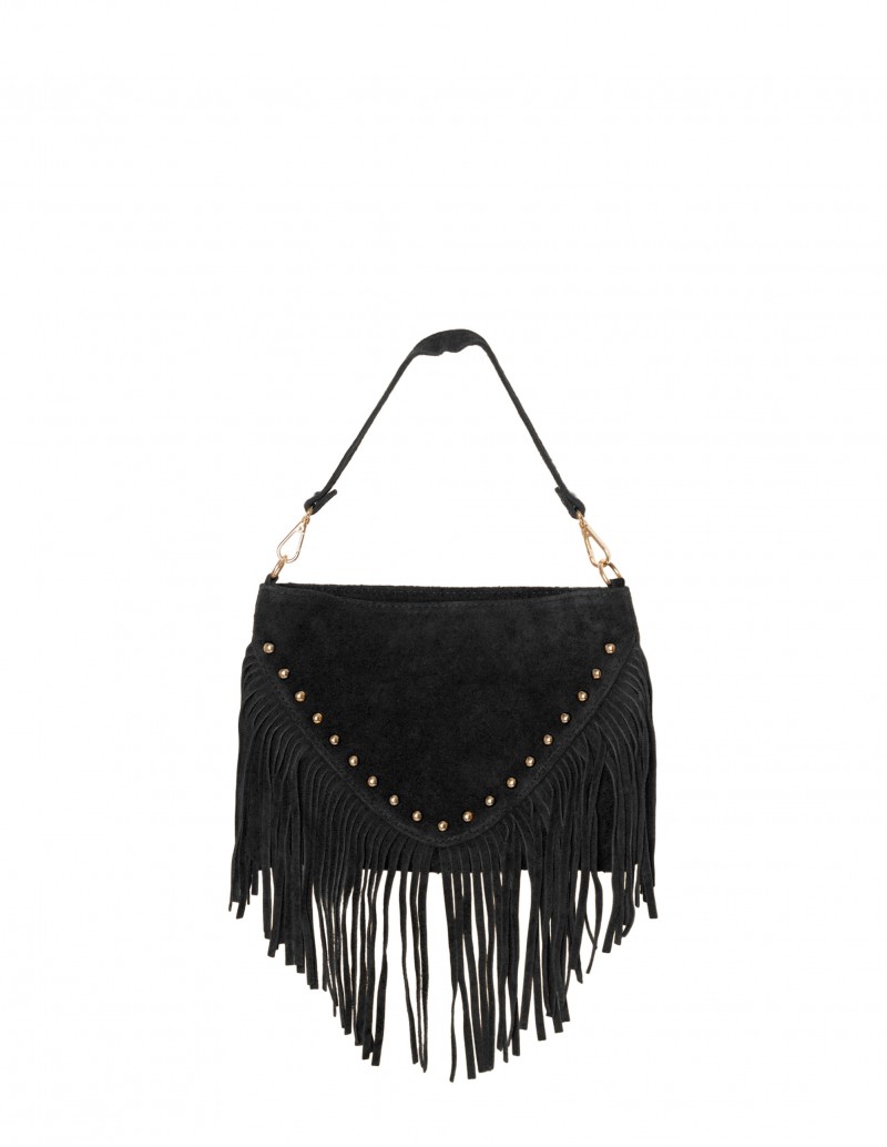Bolso Piel Serraje Flecos Tachuelas Negro