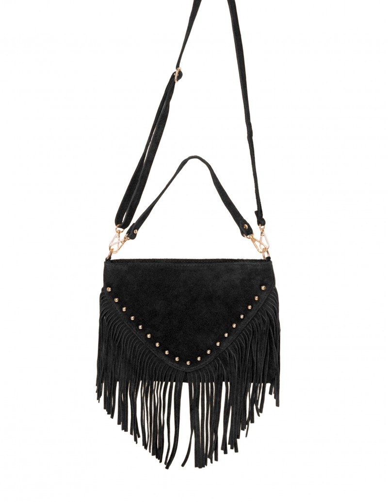 Bolso Doble Asa Piel con Flecos y Tachuelas color Negro