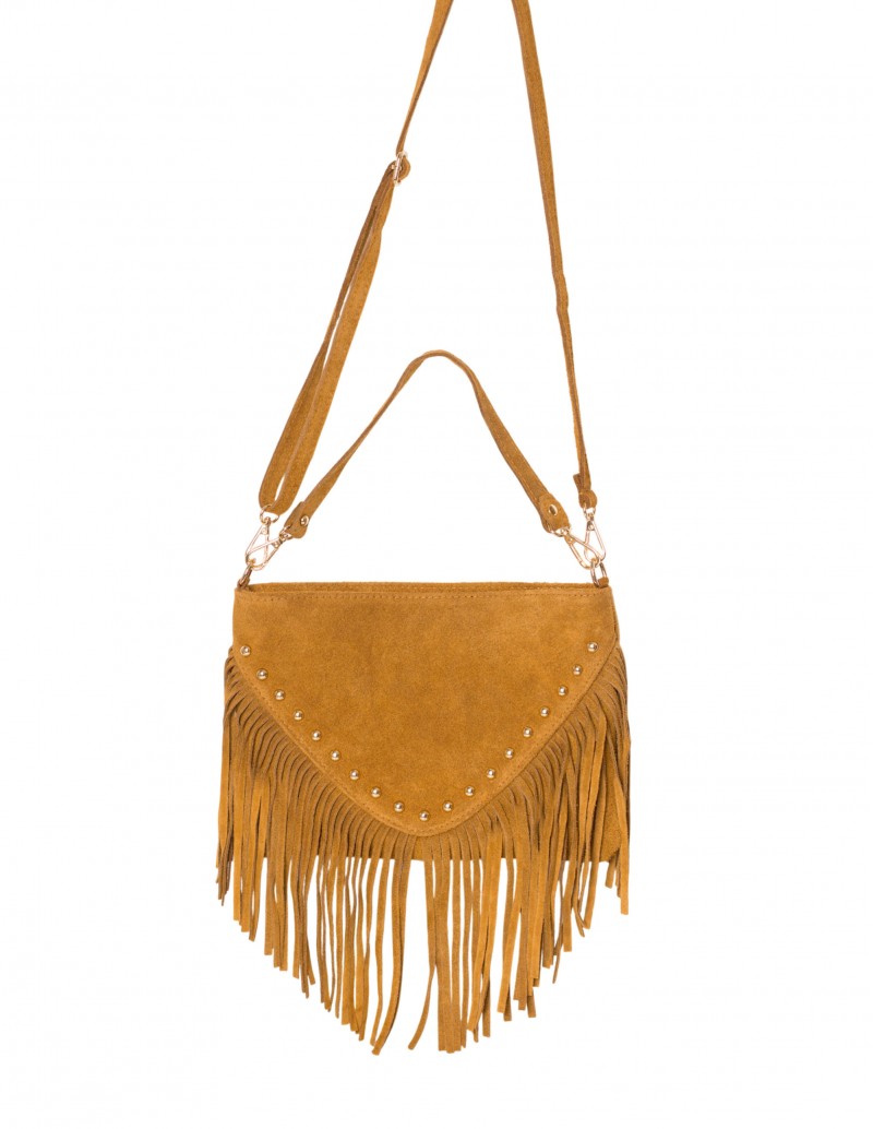Bolso de Piel Ante con Flecos y Tachuelas de Doble Asa