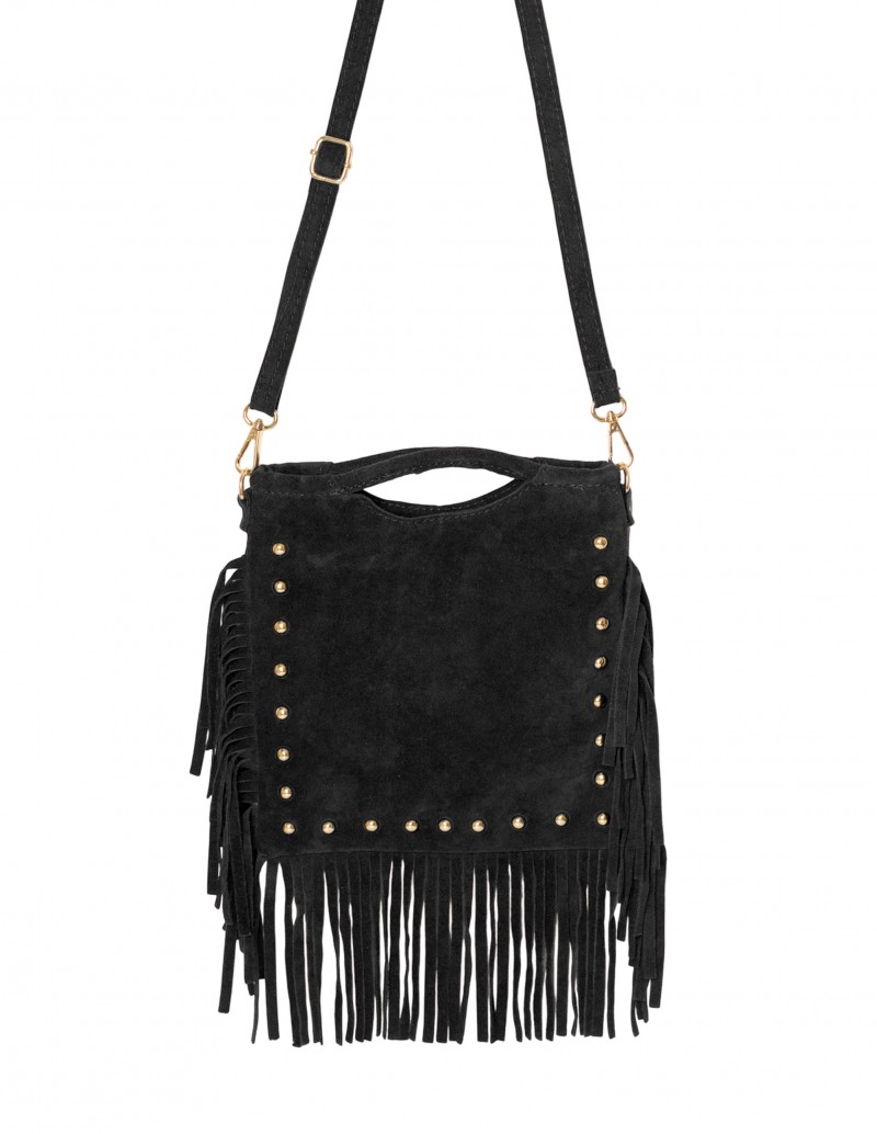 Bolso Piel Serraje con Flecos y Tachuelas Negro - Pera Limonera