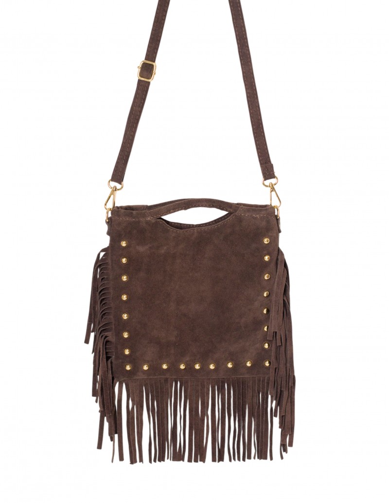 Bolso Piel Serraje con Flecos y Tachuelas Marrón - Pera Limonera