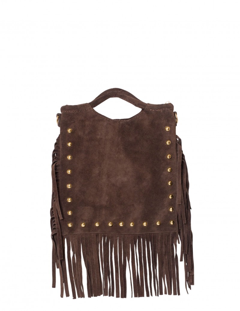 Bolso Flecos Serraje Tachuelas Marrón