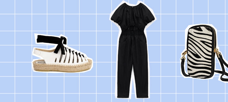 look mujer con porta móvil cebra